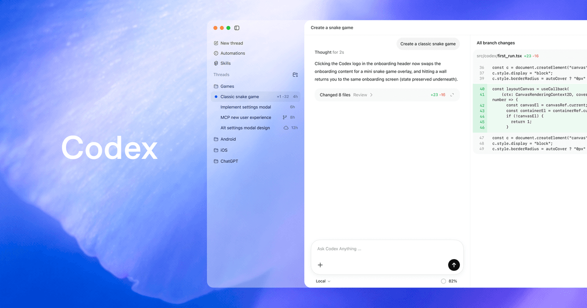 تصویر رسمی OpenAI از رابط کاربری اپ Codex