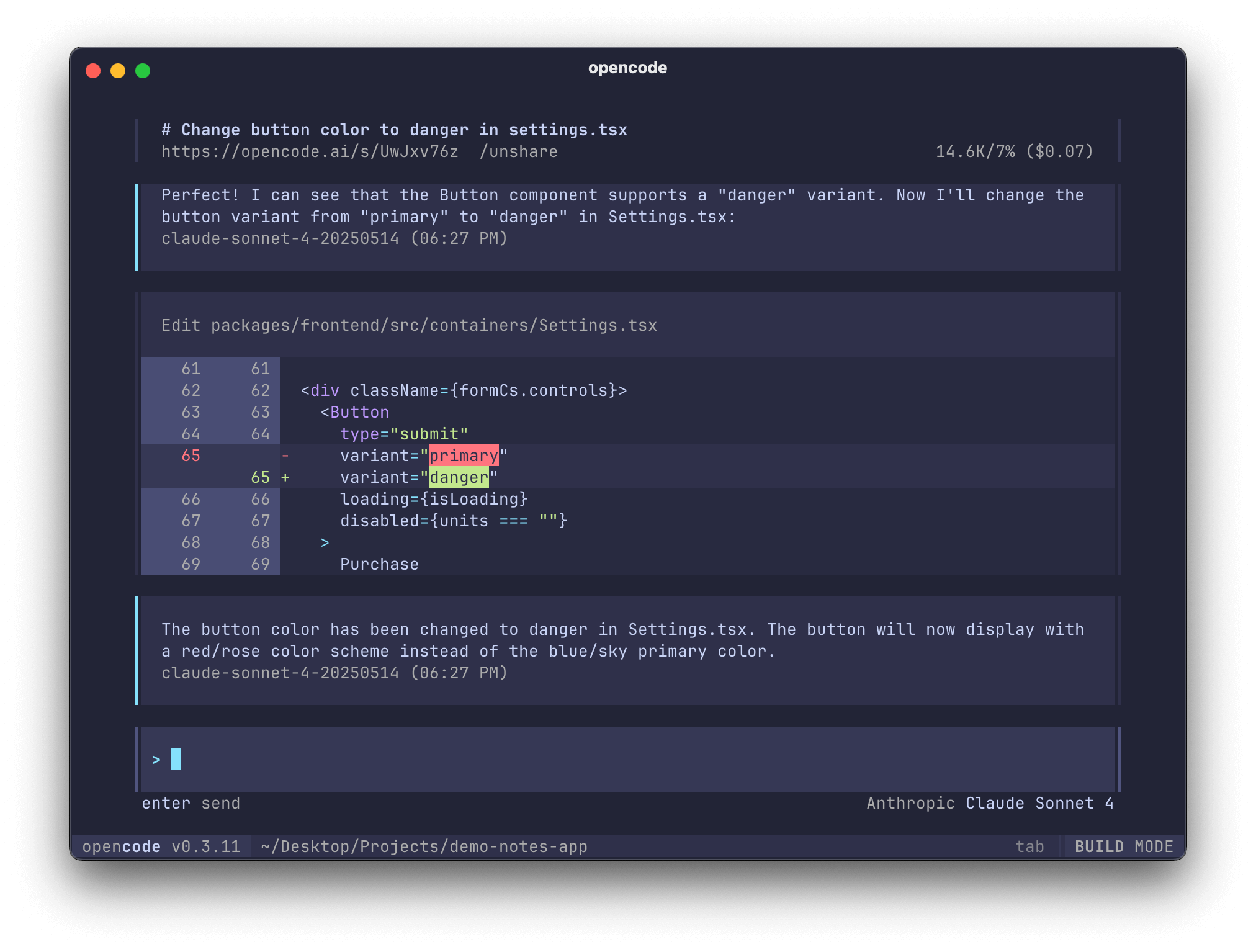 رابط رسمی ترمینال OpenCode در حال نمایش ویرایش کد و diff