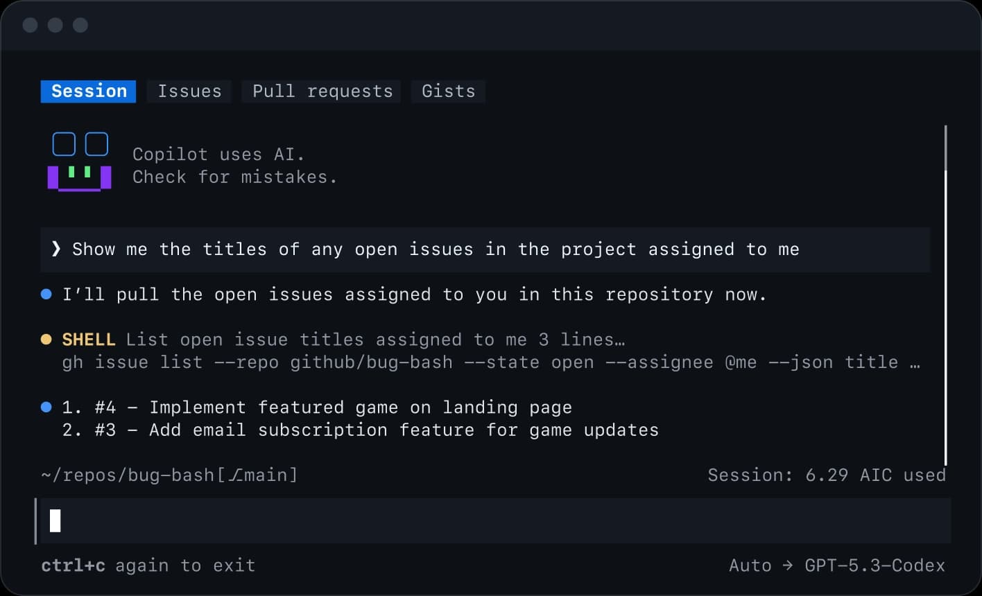 Official GitHub Copilot CLI screenshot showing issue and pull request context