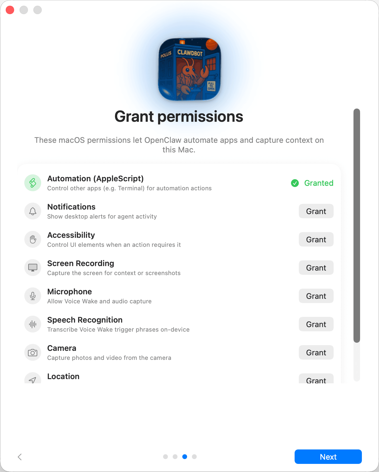 صفحه رسمی مجوزهای macOS در OpenClaw
