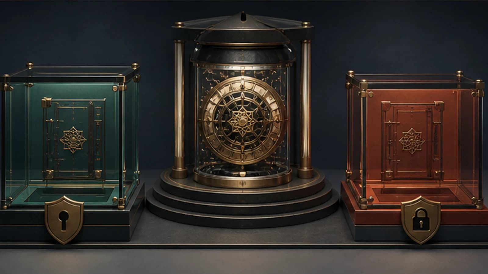 One central engine sits behind two security enclosures, representing a shared model with different access controls.
