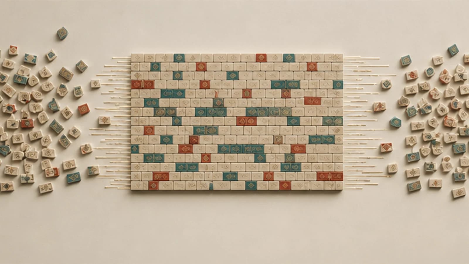 Scattered ceramic tokens resolve in parallel into a coherent structured block.